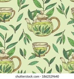 Seamless pattern with tea: branch and tea leaves, a cup of tea and teapot. Green tea. Vector hand drawn illustration. 