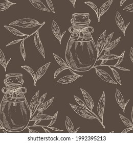 Seamless pattern with tea: branch, tea leaves and bottle of tea essential oil. Green tea. Cosmetic, perfumery and medical plant. Vector hand drawn illustration.