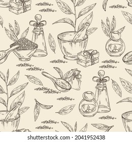 Patrón sin inconvenientes con el té: rama, hojas de té y sal de baño, jabón y productos de belleza. Té verde. Cosmética, perfumería y planta médica. Ilustración dibujada a mano por vectores.