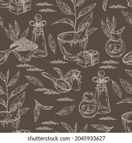 Seamless pattern with tea: branch, tea leaves and bath salt, soap and beauty products. Green tea. Cosmetic, perfumery and medical plant. Vector hand drawn illustration.