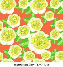 seamless pattern with tea bush Camellia Chinese on an orange background. vector illustration