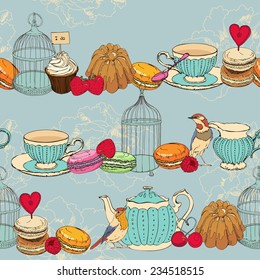 Seamless pattern with tea, cage, coffee pot, cup, jelly, cherry, berry, macaroon, strawberry, spoon, bird, flower, peony, raspberry in vintage style