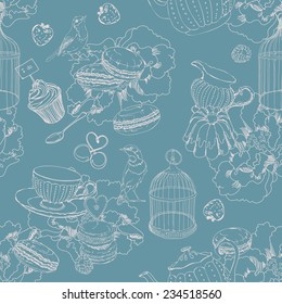 Seamless pattern with tea, cage, coffee pot, cup, jelly, cherry, berry, macaroon, strawberry, spoon, bird, flower, peony, raspberry in vintage style. Two colors