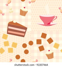 seamless pattern with tea, cake, candies  and cookies