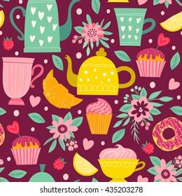Seamless pattern with tea, cake and flowers