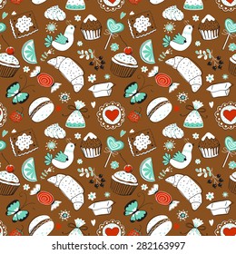 Seamless pattern with tea cake. Tea time. Seamless background