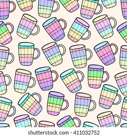 Seamless pattern of tea and coffee bright cups. Vector illustration hand drawn collection.