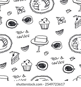 seamless pattern with tea, coffee, cakes icons sketch. Creative naive design for cafe menu with drawn doodle elements.Template for Notebook covers, pattern for wallpapers, textile, wrapping paper.