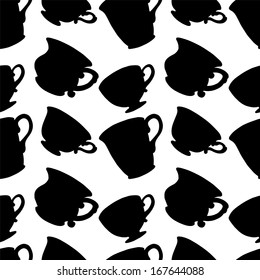 Seamless Pattern with Tea / Coffee Cups. Endless Print Texture. Black Silhouette. Drinks. Hand Drawing. Retro. Vintage Style - vector