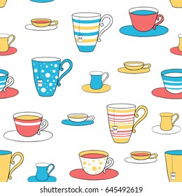 Seamless pattern of tea and coffee cups. Colorful cups and saucers hand-painted on a white background. The polka dot print and striped.
