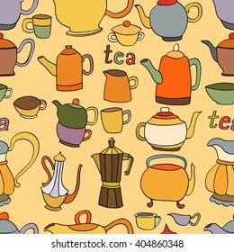Seamless pattern of tea and coffee objects. Hand drawn with ink. Vector illustration. 