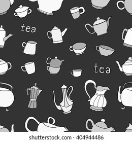 Seamless pattern of tea and coffee objects. Hand drawn with ink. Vector illustration. 