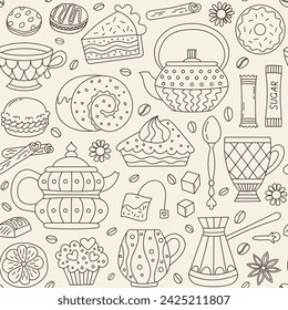 Seamless pattern with tea, coffee, pastries and sweets. Doodle style vector. Suitable for cafe menus and birthday cards.