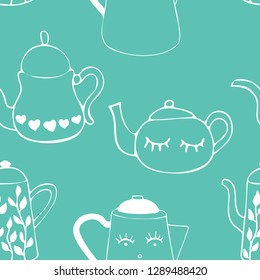 Seamless pattern with  tea and coffee pots. Winter drinks. Art can be used for a restaurant menu, coffee shop and cafe. Black linear illustration of silhouette.