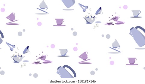 Seamless pattern with tea coffee setting in pastel colors. Dishes. Background for menu, wrapping paper. Vector illustration.