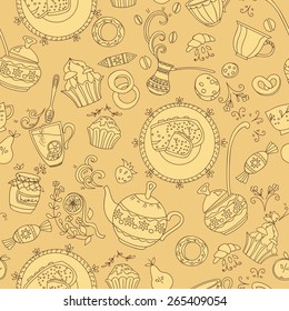 seamless pattern with tea, coffee and sweets