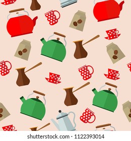 Seamless pattern with tea and coffee. Vector illustration on the theme of drinks.