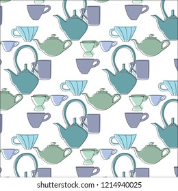 Seamless pattern tea cup. Blue and green seamless pattern tea cup in vintage style. Vector illustration. Wrapping paper template. Vector object. Tea packaging. 