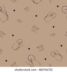  Seamless pattern of tea, cup and dessert. Vintage background in pastel colors of hand drawn cakes and coffee. Vector texture for invitation.
