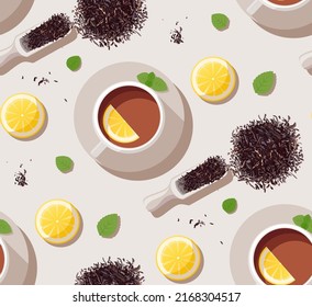 Seamless pattern with tea cup, lemon, mint, brew and tea scoop. Template for packaging, menus, cover, textiles, wallpaper. Tea time. Tea ceremony. Stock vector illustration in flat style.