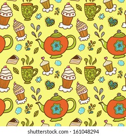 Seamless pattern with tea and cupcake