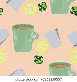 seamless pattern with tea cups, tea bags, lemon slices. vector graphic vor fabric, print or background