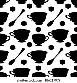 Seamless pattern with tea cups, coffee cups, teaspoon and sugar cube. Endless print silhouette texture. Tea party background. Retro. Vintage style - vector