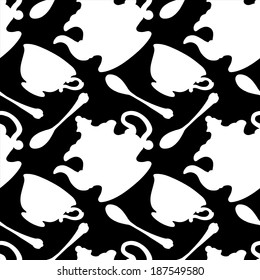 Seamless pattern with tea cups, coffee cups, teaspoon and teapots in black and white. Endless print silhouette texture. Tea party background. Retro. Vintage style - vector