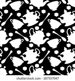 Seamless Pattern With Tea Cups, Coffee Cups, Teaspoon And Teapots In Black And White. Endless Print Silhouette Texture. Tea Party Background. Retro. Vintage Style - Vector