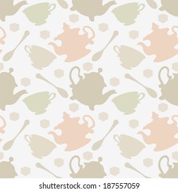 Seamless pattern with tea cups, coffee cups, teaspoon and teapots. Endless print silhouette texture. Tea party background. Retro. Vintage style - vector