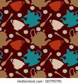 Seamless pattern with tea cups, coffee cups, teaspoon and teapots. Endless print silhouette texture. Tea party background. Retro. Vintage style - vector