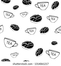 seamless pattern with tea cups and donuts on a white background, vector, black and white, ready to print on packaging, on gifts, on fabric, on covers, on paper, for creating backgrounds, cards, poster