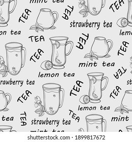 seamless pattern tea cups lemon strawberry mint drink green hot graphics banner wrapper vector sketch doodle tableware wallpaper contour background textile texture print