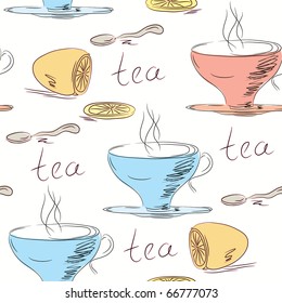 Seamless pattern with tea cups and lemon