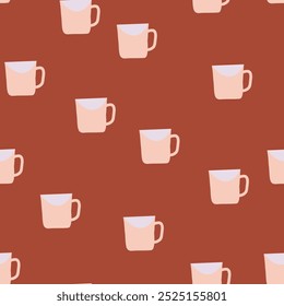 Seamless pattern with tea cups, mugs and tea bags on Brown background. Hand drawn cartoon-dishes. Tea Party Vector illustration. Perfect for fabric, wallpaper and children's projects.