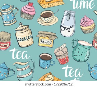 Seamless pattern with tea cups, teapots and sweets 