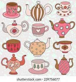 Seamless pattern with  tea cups and teapots  in cartoon style. Vector 