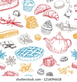 seamless pattern of tea and desserts. hand drawn illustration. sketch set illustration of  tea, sweets, cakes and desserts