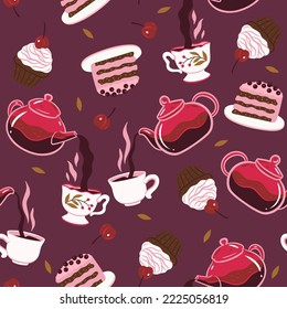 Seamless pattern with tea and desserts. Vector graphics.