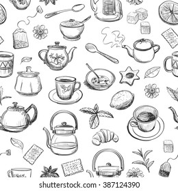 
Seamless pattern of tea drinking. Hand drawing of tea utensils on a white background