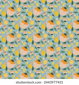 Seamless pattern of tea drinking. Light teapot, mug, lemons, mint leaves. Refreshing color scheme. Delicate mint background