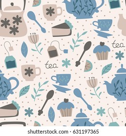 Seamless Pattern with Tea Elements. Background with Teapots, Cups, Lemon, Flowers and Leaves.