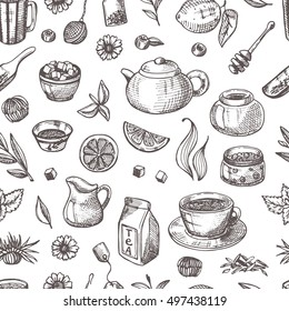 Seamless pattern with tea elements. Hand drawn vector illustration. Can be used for menu, cafe, restaurant, bar, poster, fabric, wrapping paper, banner, scrapbooking and other design.