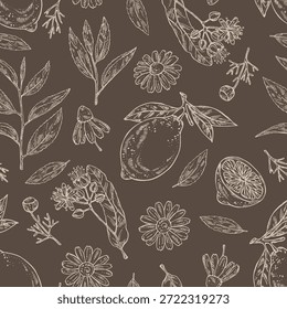 Patrón sin fisuras con té, fruta y corazones, té de hierbas: hojas de té, limón, flor de tilo, flor de manzanilla. Vector dibujado a mano ilustración.