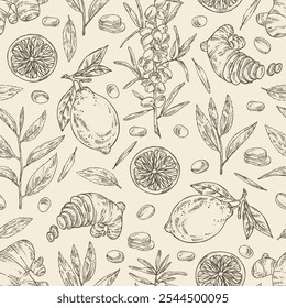 Seamless pattern with tea, fruits and hearbs, herbal tea: tea leaves, lemon, ginger and sea buckthorn. Vector hand drawn illustration.