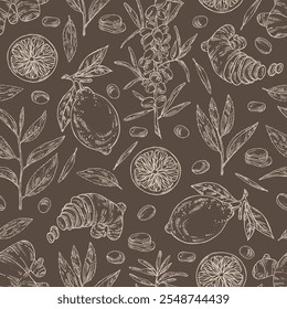 Seamless pattern with tea, fruits and hearbs, herbal tea: tea leaves, lemon, ginger and sea buckthorn. Vector hand drawn illustration.