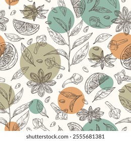 Seamless pattern with tea, fruits and hearbs, herbal tea: tea leaves, ogange, badyan, star anise and clove. Vector hand drawn illustration.