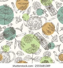 Seamless pattern with tea, fruits and hearbs, herbal tea: tea leaves, melissa, lemon balm, cinnamon and camomile. Vector hand drawn illustration.