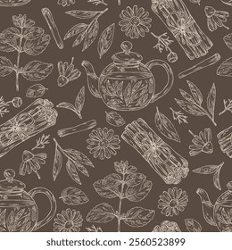 Seamless pattern with tea, fruits and hearbs, herbal tea: tea leaves, melissa, lemon balm, cinnamon and camomile. Vector hand drawn illustration.