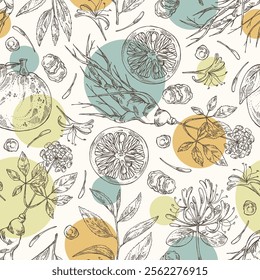 Seamless pattern with tea, fruits and hearbs, herbal tea: tea leaves, ginseng root, chinese honeysuckle flowers, lonicera pileata, yuzu fruit, citrus junos. Vector hand drawn illustration.